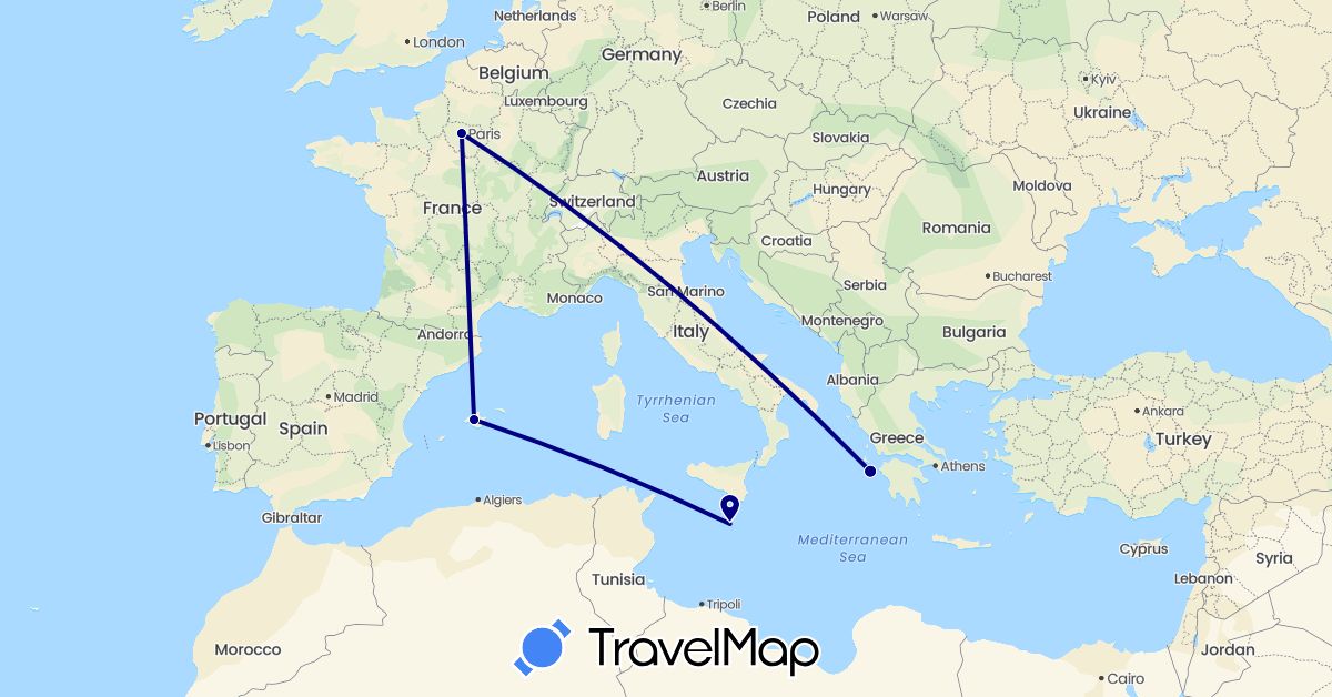 TravelMap itinerary: driving in Spain, France, Greece, Malta (Europe)